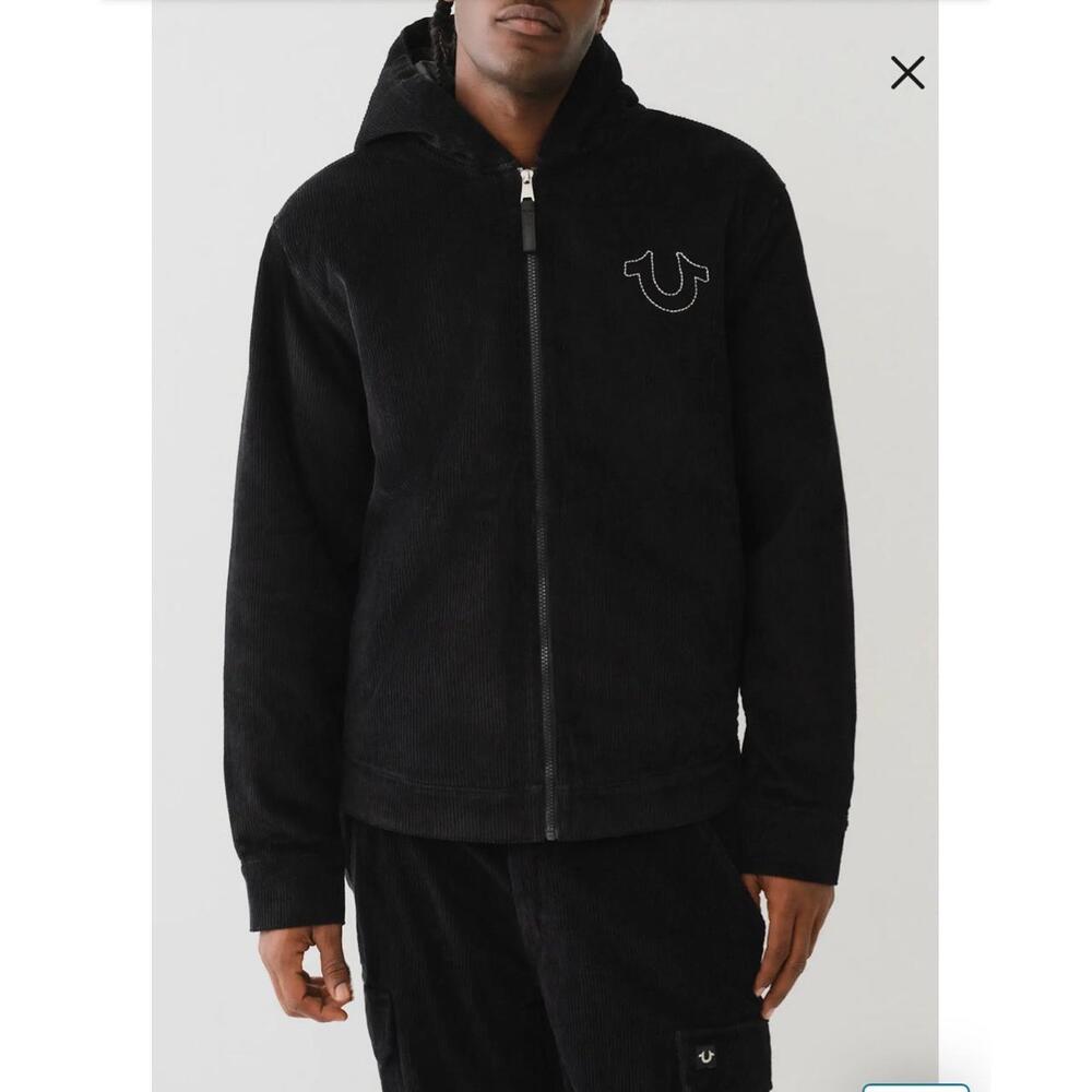 True Religion Horseshoe Corduroy Hooded Jacket Black Mens Small NWT